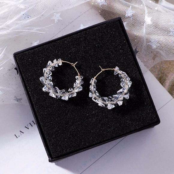 White Crystal Stone Gold Wire Hoop Earrings - Picture 2 of 8